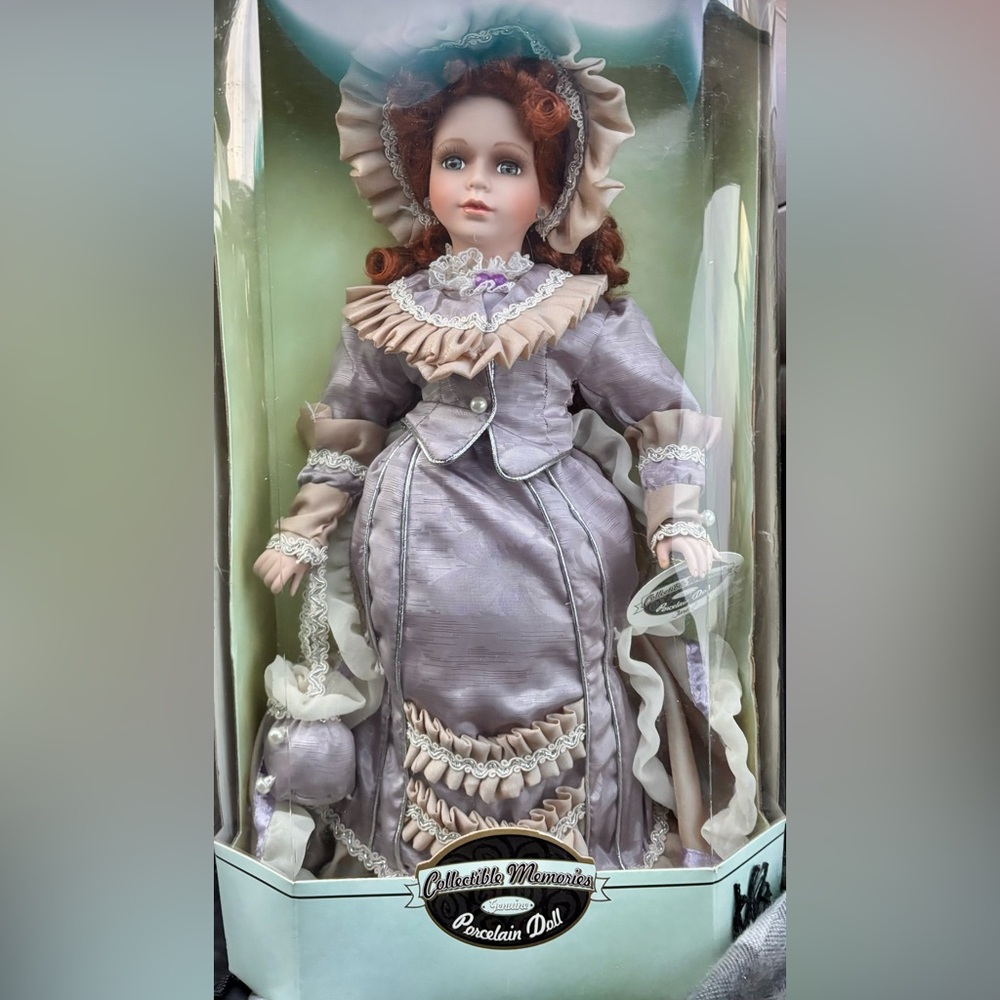 Collectib Memories Elegant Victorian Porcelain Genuine 18”Doll with Purple Dress